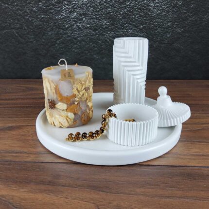 Gypsum Set: Geometric Vase, Jewelry Jar, Tray and Botanical Candle