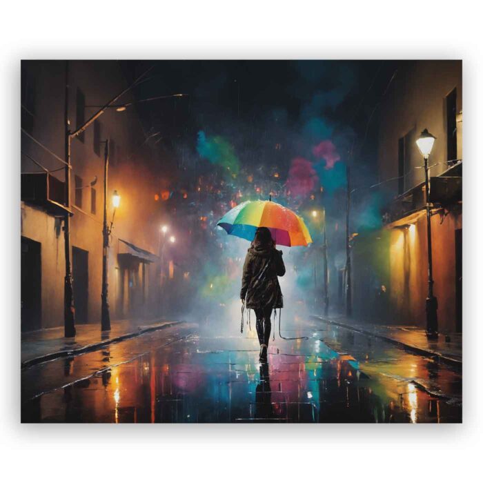 Γυναίκα με ομπρέλα - πολύχρωμη αφηρημένη τέχνη εκτύπωση σε καμβά